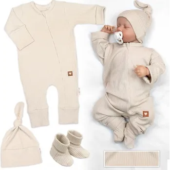 Dětský overall Rostoucí žebrovaný overálek, čepička a botičky, 3D, Nature - sv. béžová, Velikost koj. oblečení 50/56 (0-2m)