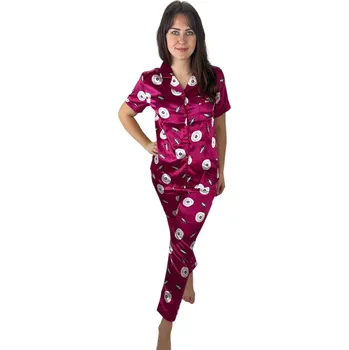 Dámské pyžamo Saténové dámské pyžamo tmavě růžové s lístky Velikost: M