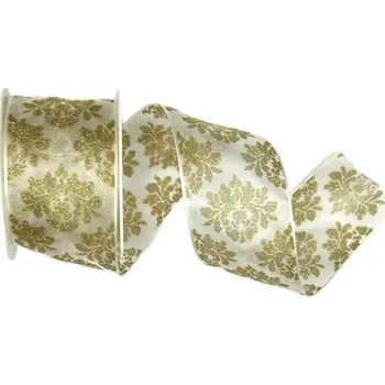 Stuha Vánoční stuha organzová GLAMOUR CROWN GOLD bílá 40mm x 2m (Vánoční stuha organzová, bílá, oboustranná, průsvitná, zlatý glitrovaný potisk, s vlascem v lemu)