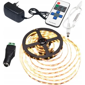 LED páska TAŚMA LED 5m BIAŁA CIEPŁA 4,8 W 12 V + NAPÁJECÍ ADAPTÉR + DC KONEKTOR + DÁLKOVÝ OVLADAČ SET