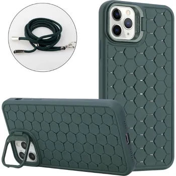 Pouzdro na mobilní telefon Kryt na iPhone 16 Pro Honeycomb s podporou MagSafe a šňůrkou na krk zelený
