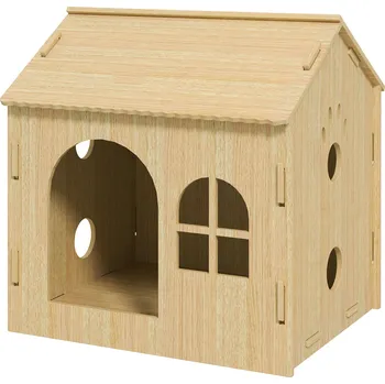 Bouda pro psa Psí bouda PawHut s oknem, kočičí bouda s designem roztomilých tlapek, montáž bez šroubů, pro malé psy do 4 kg, vnitřní, 49,5 x 41 x 51 cm, dubové dřevo