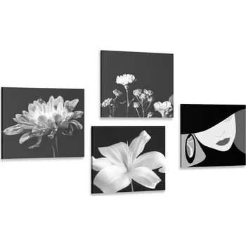 Obraz Dovido Set obrazů elegance ženy a květin v černobílém provedení