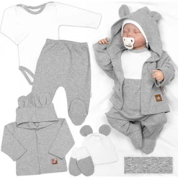 Kojenecká souprava Žebrovaná sada, Star 5D, body, polodupačky, kabátek, čepička, rukavice - šedá, bílá , Velikost koj. oblečení 62 (2-3m)