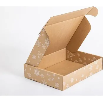 Obalový materiál Poštovní kartonová krabice vánoční hnědá s bílé sněhové vločky a soby 400x300x90 mm 3VVL B 460g/m2 FSC Mix 400x300x90 mm 3VVL B