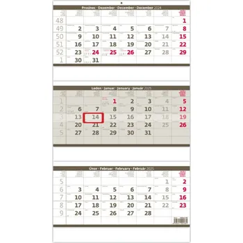 Kalendář Tříměsíční skládaný kalendář šedý 2025 - nástěnný kalendář