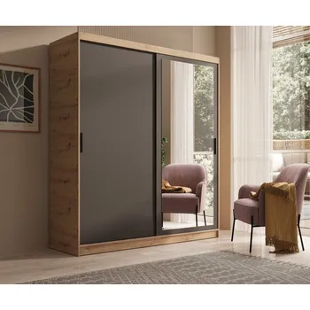 Šatní skříň Šatní skříň s posuvnými dveřmi a zrcadlem 180 cm - Hailey Barva: dub Artisan/Černá