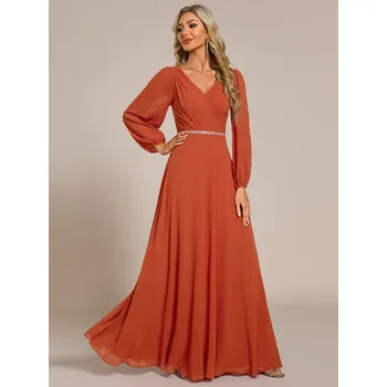 Dámské šaty Šifonové šaty na svatbu s výstřihem do V a dlouhým rukávem Barva: Oranžová, Velikost: 8XL