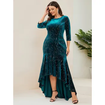 Dámské šaty Sametové společenské šaty s asymetrickým lemem - Teal 4XL Barva: Tyrkysová, Velikost: 4XL