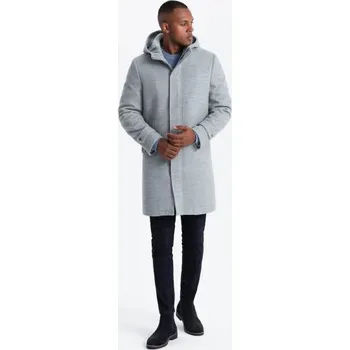 Pánský trenčkot Jednobarevný dlouhý pánský kabát s kapucí - šedý melír V1