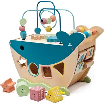 Dřevěná hračka Svoora - Dřevěná motorická velryba s aktivitami