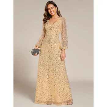 Dámské oblečení Elegantní šifonové šaty pro hosty s výstřihem do V Barva: Zlatá, Velikost: S