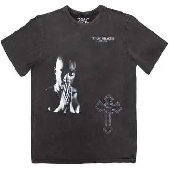 Zahraniční hudba Tupac: Tupac Unisex Stone Wash T-shirt: Photo Cross (large) L