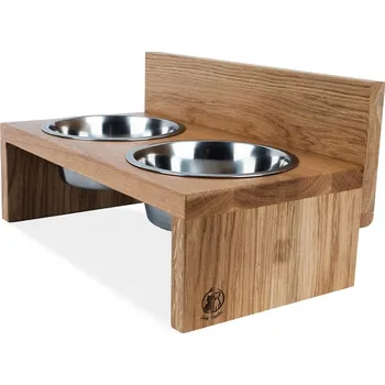 Miska pro psa Svět Tlapky Stojan na 2 misky pro psa HARRY Dřevina nebo odstín: Jasan (dřevo), Výška: 7cm (malé plemeno), Průměr miska (rozměr): miska 13cm (34 x 18cm)