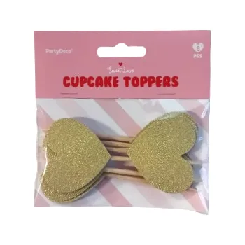 PARTYDECO Zápichy do cupcakes - zlaté srdíčka 6 ks