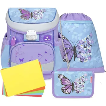 Školní batoh Školní aktovka Belmil 405-33 Mini-Fit Purple Blue Butterfly (set s penálem a sáčkem) + DÁREK