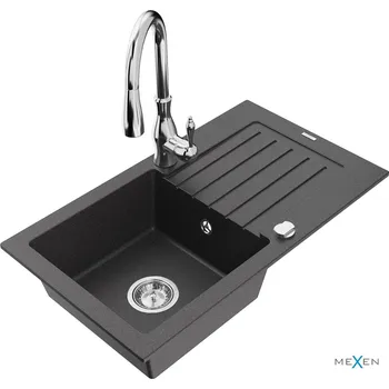Granitový dřez MEXEN/S - Pablo granitový dřez 1 s odkapávačem včetně baterie Savita, černá kropenatá 6510-76-672601-00