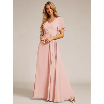 Dámské šaty Elegantní večerní asymetrické šifonové šaty s volánovým rukávem Barva: Růžová, Velikost: 7XL