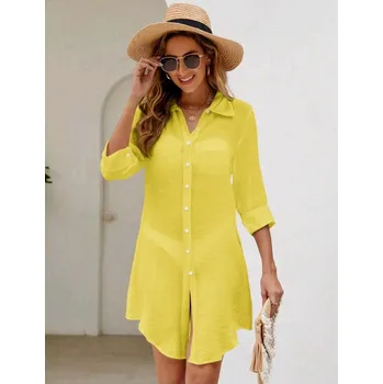 Dámské šaty Dámské plážové košilové šaty Barva: Žlutá, Velikostní tabulka: L