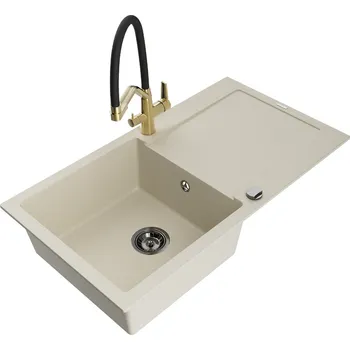 Granitový dřez MEXEN/S - Leo granitový dřez 1-miska s odkapávačem včetně baterie Duo, béžová 6501-69-671701-57-B