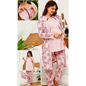 Dámské pyžamo Růžový set kojící i těhotenský, pyžamo a župan - vzor vínové květiny 1G0617 růžová l