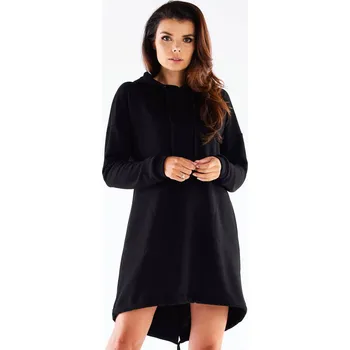 Dámské šaty Asymetrické oversized šaty s dlouhým rukávem a kapucí M270 Barva: Černá, Velikost: S/M