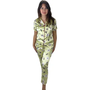 Dámské pyžamo Saténové dámské pyžamo žluté s lístky Velikost: L