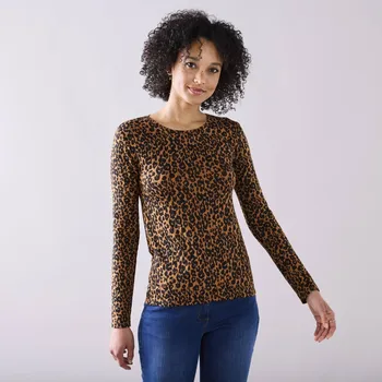 Strečové tričko s kulatým výstřihem a se vzorem zvířecí srsti karamelová/černá 46/48