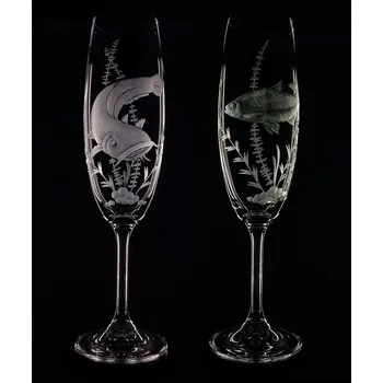 Sklenice sklenky na sekt 220ml, 2 ks s rytinou ryb (sumec, síh) - ručně ryté (broušené) dárková krabička, dárek pro rybáře