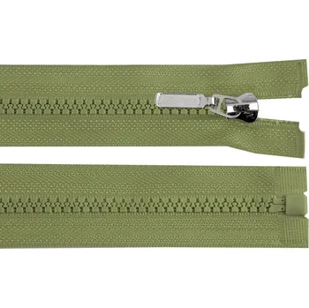 Zip Kostěný zip No 5 délka 60 cm s ozdobným jezdcem - zelená khaki