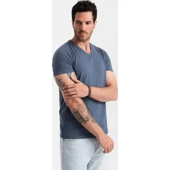 BASIC pánské klasické bavlněné tričko se serpentinovým výstřihem - modrý melír V18