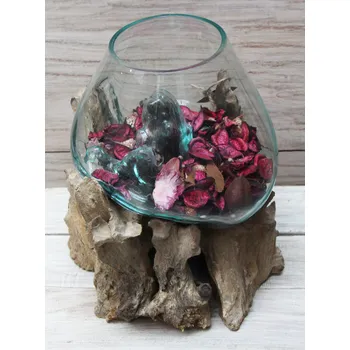 Váza Ručně foukané sklo na teakovém kořenu 30x20x22cm