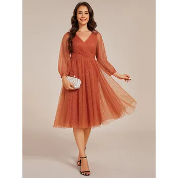Dámské šaty Šaty pro svatební hosty s tylem a flitry Barva: Oranžová, Velikost: 3XL