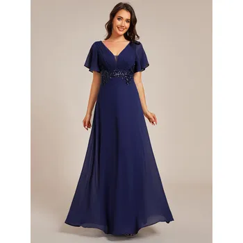 Dámské šaty Večerní šaty ze šifonu s volánovým rukávem a nášivkou Barva: Tmavě Modrá, Velikost: S