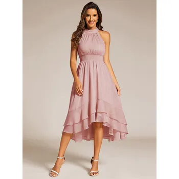 Dámské šaty Elegantní šifonové šaty asymetrické s vázáním Barva: Pudrová, Velikost: 3XL