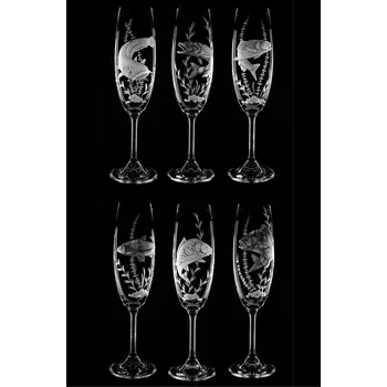Sklenice skleničky na na sekt 220ml Lara s rytinou ryb - ručně ryté (broušené) dárek pro rybáře