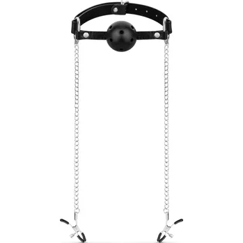 BDSM obojek Bedroom Fantasies Ball Gag with Nipple Clamps Black