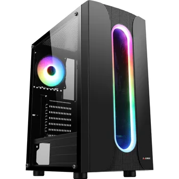 PC skříň 1stCOOL Middle Tower SAURON ARGB, ATX black černý, bez zdroje, fulltower ATX (2xUSB2+ 1xUSB3+ Audio+ Transparentní bočnice) (PC case), ML-SAURON-AU-USB3