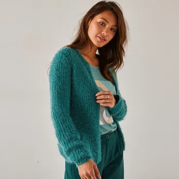 Dámský svetr Krátký kardigan pro malou postavu, z úpletu s chlupem šedozelená 50