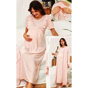 Dámská noční košile Růžová kojící a těhotenská košilka a pruhovaný župan v kompletu v dlouhé délce 1G0616 růžová m