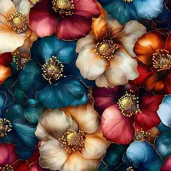 Látka lesklá na plavky, fitness oblečení zlatomodré květiny