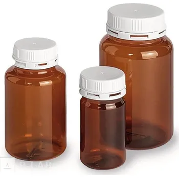 Laboratorní baňka Láhev širokohrdlá hnědá PET (Objem (ml): 50, Výška (mm): 69, Průměr (mm): 37, Vnitřní průměr hrdla (mm): 21, Balení (ks): 10)