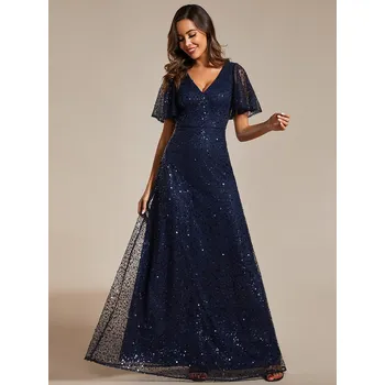 Dámské šaty Lesklé flitrové večerní šaty s výstřihem do V Barva: Tmavě Modrá, Velikost: 7XL