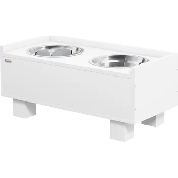 Miska pro psa PawHut vyvýšená miska pro psy, výškově nastavitelná miska na krmivo pro psy s úložným prostorem, 2 misky z nerezové oceli o objemu 1 litr, miska na krmivo s protiskluzovou podložkou, pro středně velké psy, bílá barva
