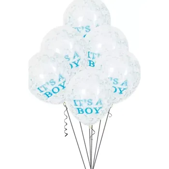 Balónek Transparentní balonky It's a boy s modrými konfetami 30 cm 6 ks