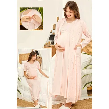 Dámská noční košile Meruňková kojící a těhotenská košilka a župan v kompletu v dlouhé délce s puntíky 1G0607 oranžová xxl