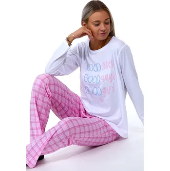 Dámské pyžamo Kárované dámské pyžamo s nápisem 1B1752 bílé/růžové