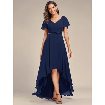 Dámské šaty Šifonové večerní šaty asymetrické s krátkým rukávem Barva: Tmavě Modrá, Velikost: S