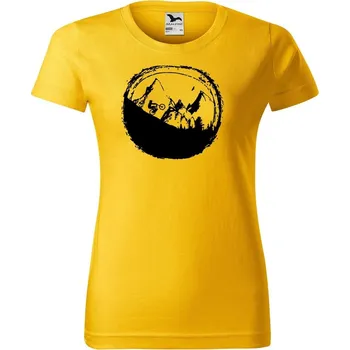 Dámské oblečení DOBRÝ TRIKO Dámské tričko s potiskem Hory a kolo Barva: Žlutá, Velikost: L