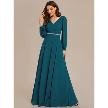 Dámské šaty Šifonové šaty na svatbu s výstřihem do V a dlouhým rukávem Barva: Tyrkysová, Velikost: 3XL